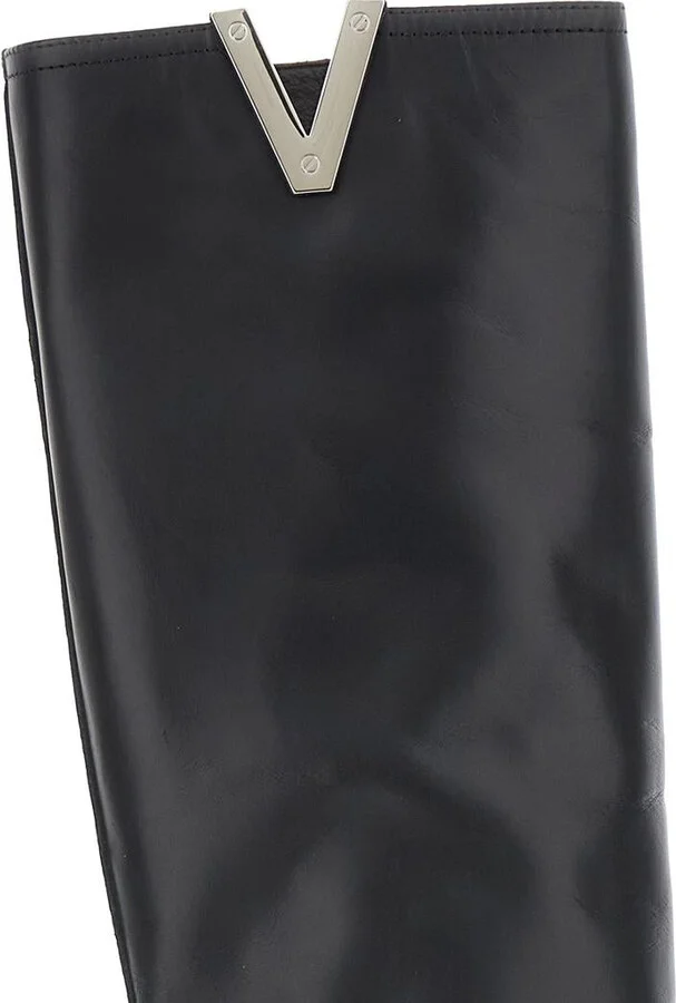 Black Knee Boots With V-Lateral Detailing In Leather Woman - Image 4