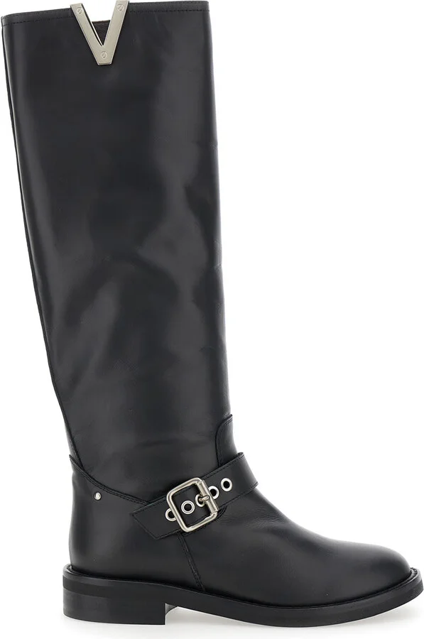Black Knee Boots With V-lateral Detailing In Leather Woman