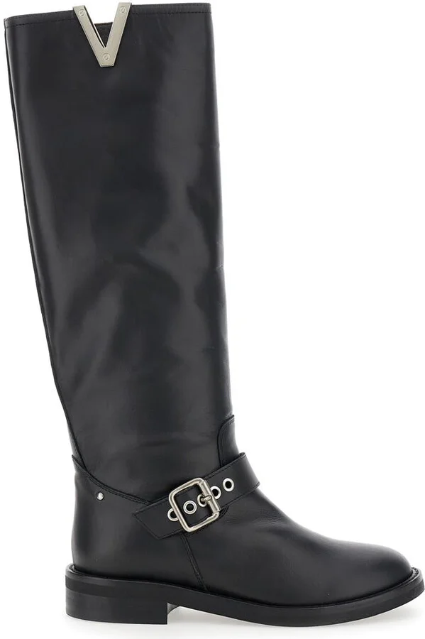 Black Knee Boots With V-Lateral Detailing In Leather Woman