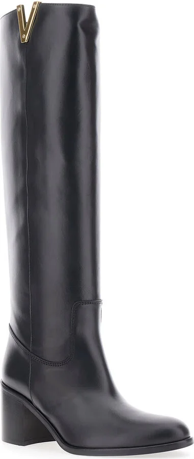 Black Knee-high Boots With Cut-out On The Side And Logo Plaque In Leather Woman - Image 2