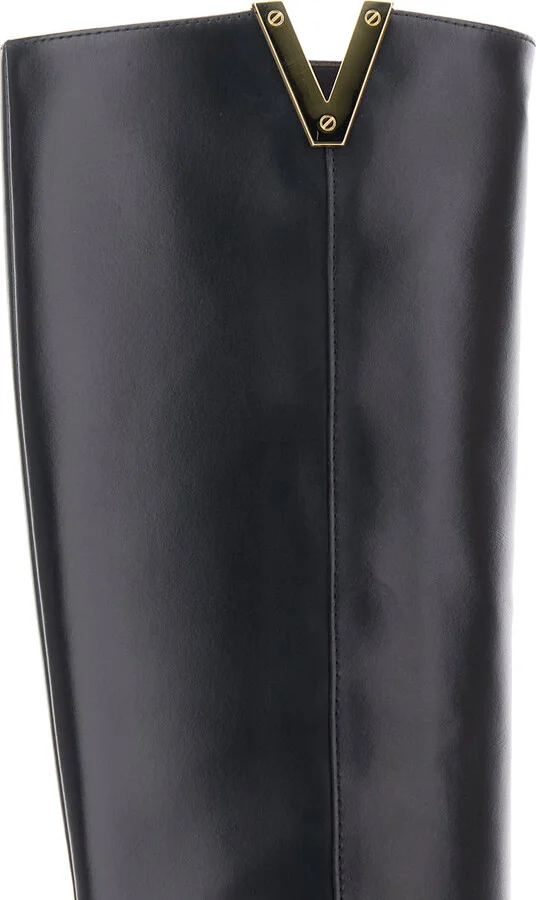 Black Knee-high Boots With Cut-out On The Side And Logo Plaque In Leather Woman - Image 4