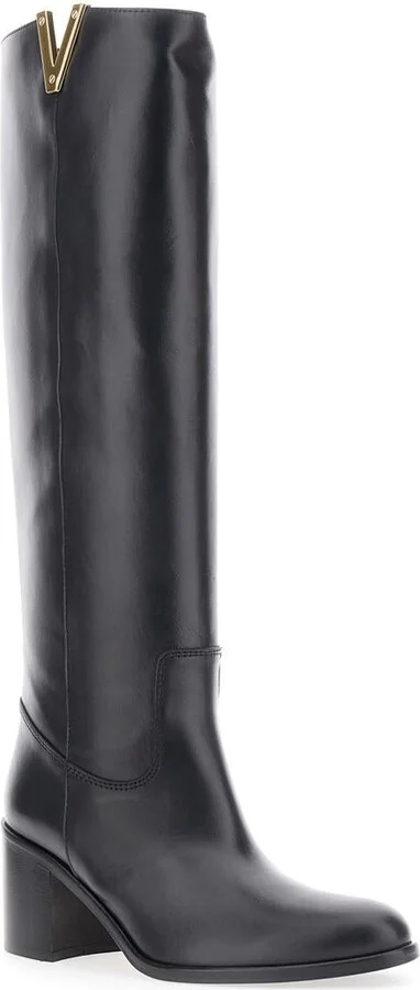 Black Knee-High Boots With Cut-Out On The Side And Logo Plaque In Leather Woman - Image 2