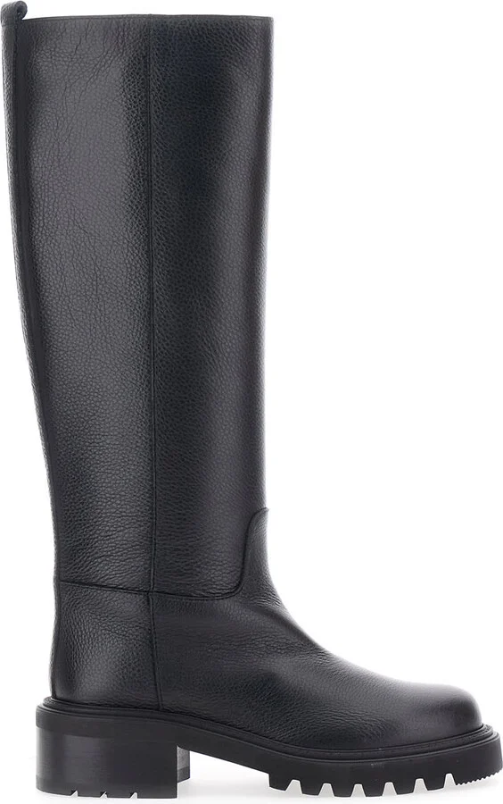 Black Knee-high Slip-on Boots In Grained Leather Woman