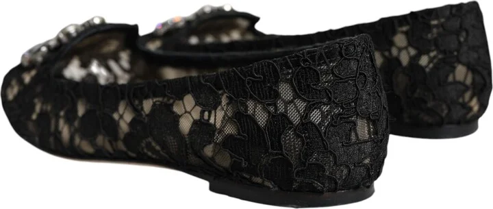 Black Lace Crystal Ballet Flats Loafer Women's Shoes (Pre-Owned) - Image 4