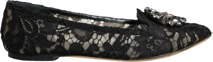 Black Lace Crystal Ballet Flats Loafer Women's Shoes (Pre-Owned)