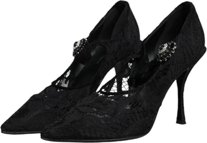 Black Lace Crystals Mary Jane Pumps Women's Shoes - Image 4