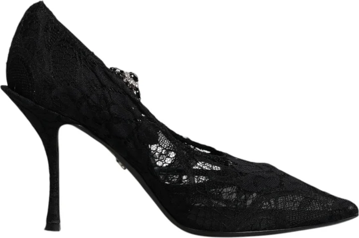 Black Lace Crystals Mary Jane Pumps Women's Shoes