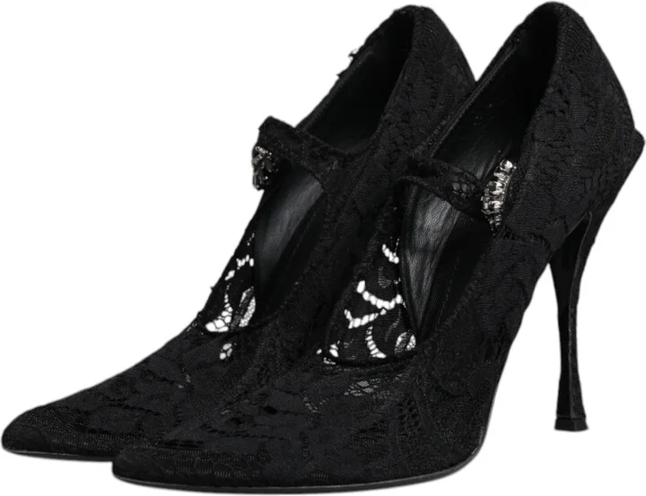 Black Lace Crystals Mary Jane Pumps Women's Shoes (Pre-Owned) - Image 4