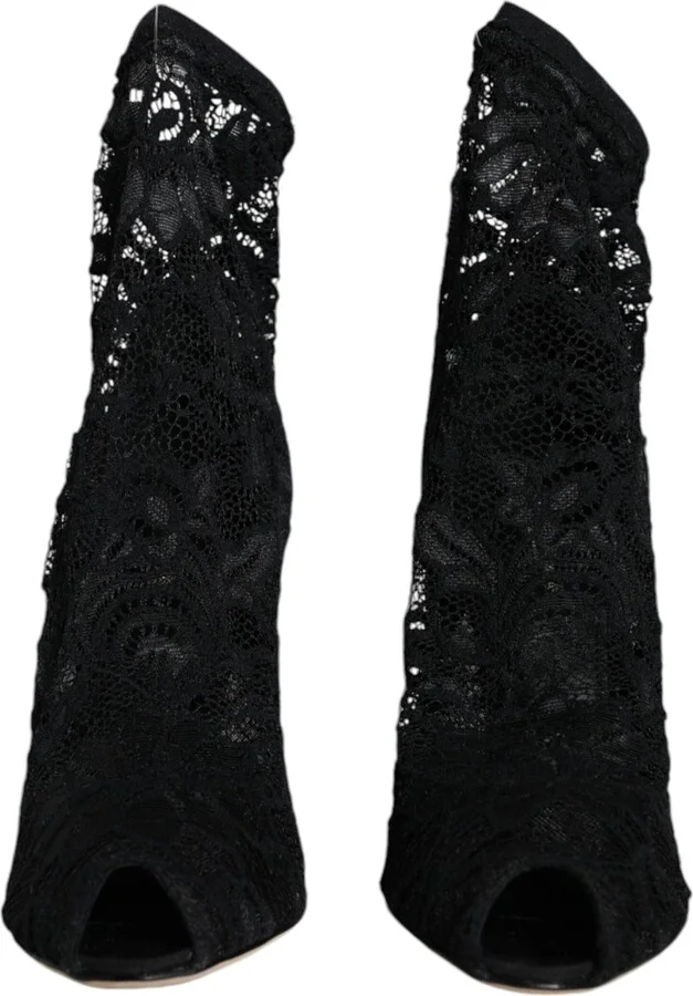 Black Lace Stretch Heels Mid Calf Boot Women's Shoes - Image 2