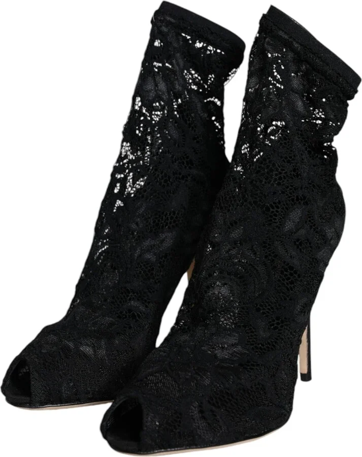 Black Lace Stretch Heels Mid Calf Boot Women's Shoes - Image 3