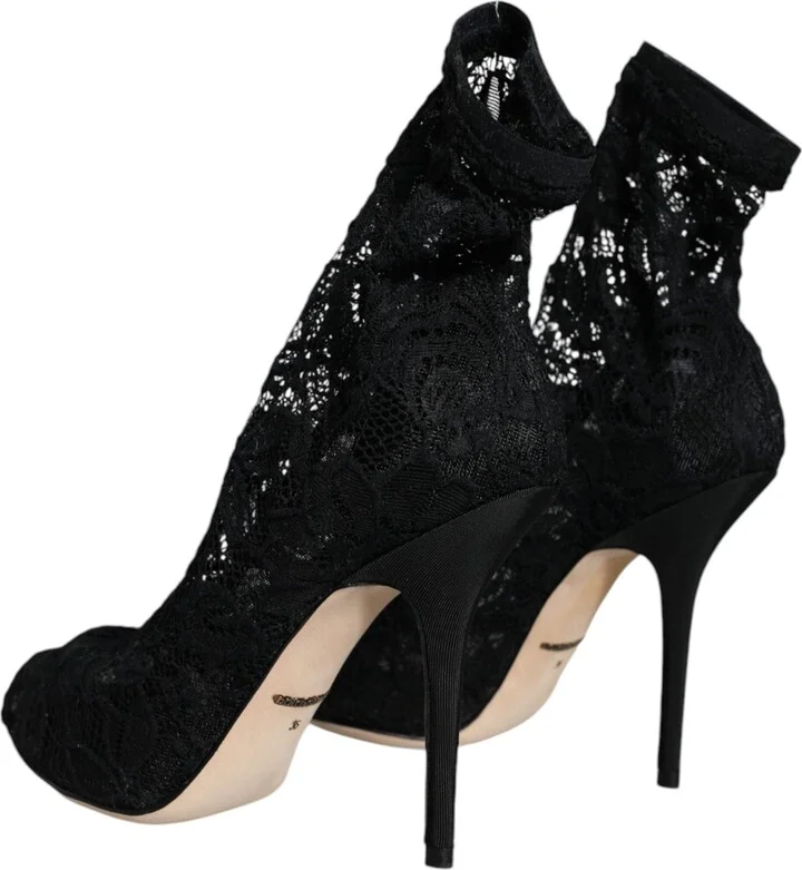 Black Lace Stretch Heels Mid Calf Boot Women's Shoes - Image 4