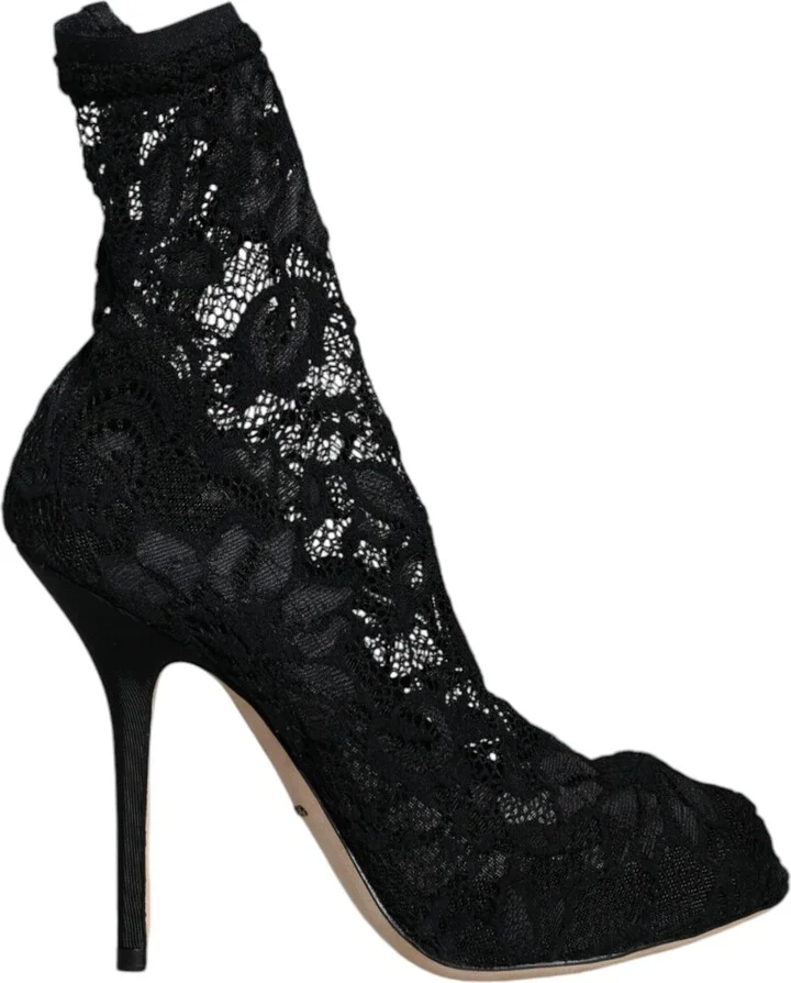 Black Lace Stretch Heels Mid Calf Boot Women's Shoes