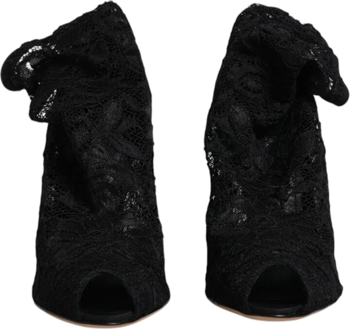 Black Lace Stretch Heels Mid Calf Boots Women's Shoes - Image 2