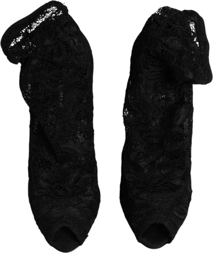 Black Lace Stretch Heels Mid Calf Boots Women's Shoes - Image 3