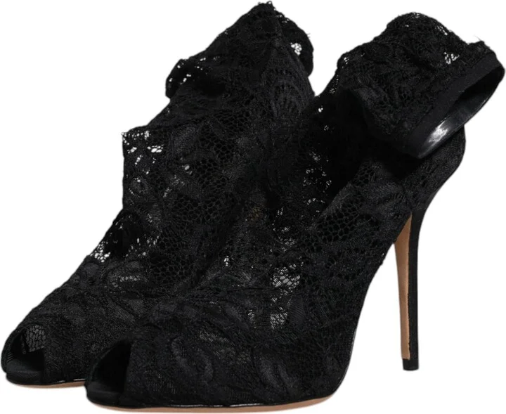 Black Lace Stretch Heels Mid Calf Boots Women's Shoes - Image 4