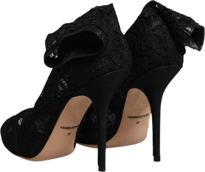 Black Lace Stretch Heels Mid Calf Boots Women's Shoes - Image 5