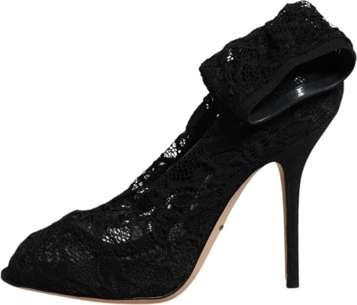 Black Lace Stretch Heels Mid Calf Boots Women's Shoes - Image 6
