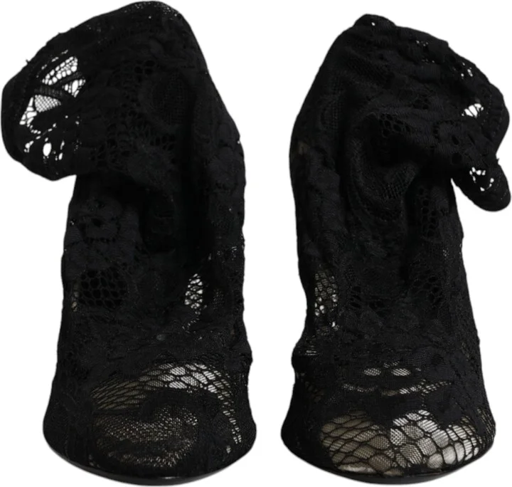 Black Lace Stretch Heels Mid Calf Boots Women's Shoes - Image 2