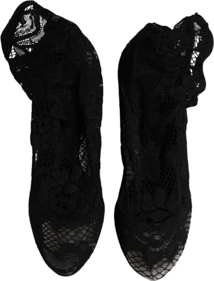 Black Lace Stretch Heels Mid Calf Boots Women's Shoes - Image 3