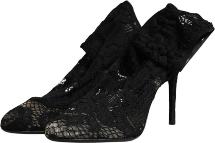 Black Lace Stretch Heels Mid Calf Boots Women's Shoes - Image 4