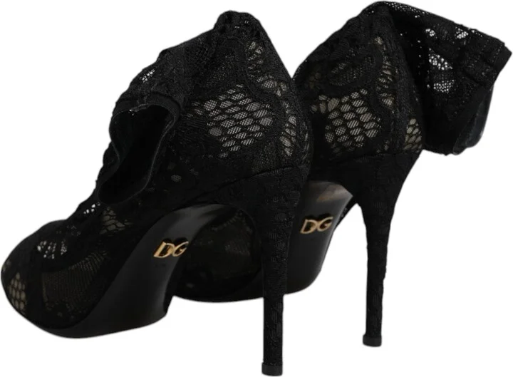Black Lace Stretch Heels Mid Calf Boots Women's Shoes - Image 5