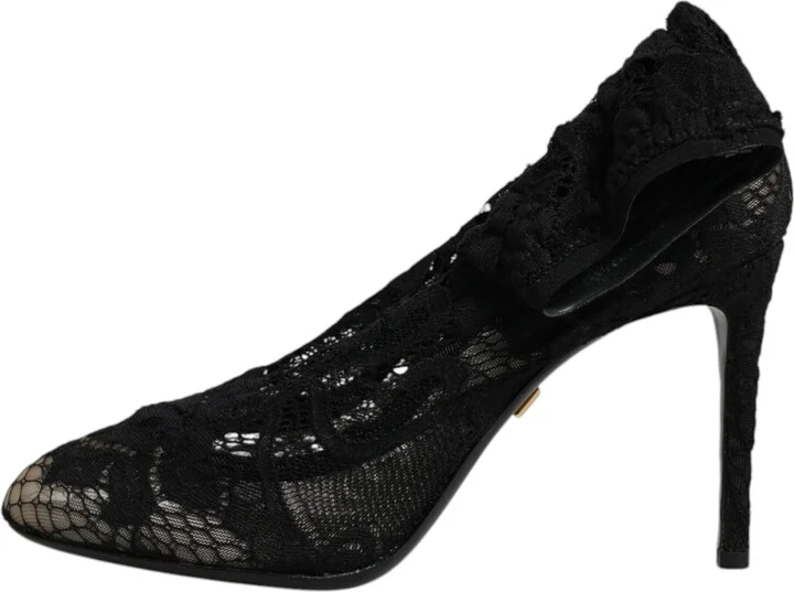 Black Lace Stretch Heels Mid Calf Boots Women's Shoes - Image 6