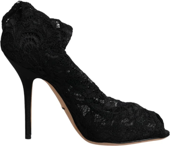 Black Lace Stretch Heels Mid Calf Boots Women's Shoes