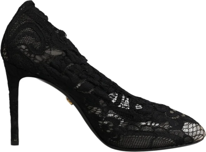 Black Lace Stretch Heels Mid Calf Boots Women's Shoes