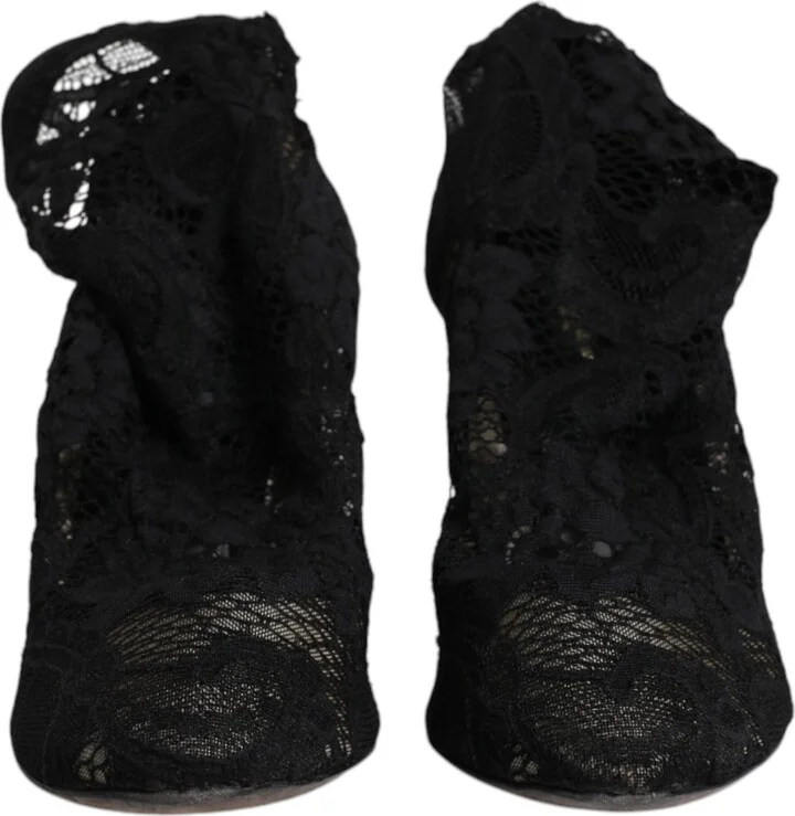 Black Lace Stretch Heels Mid Calf Boots Women's Shoes (Pre-Owned) - Image 2