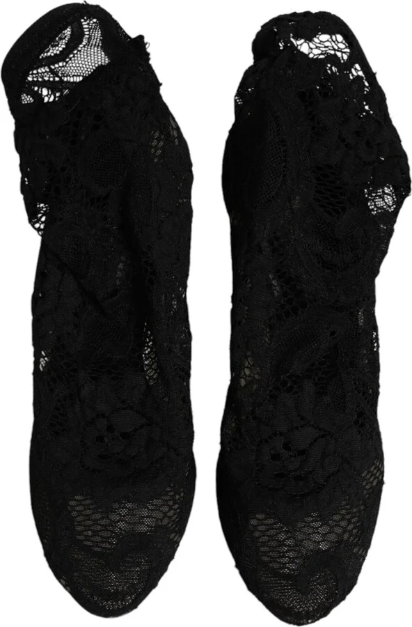 Black Lace Stretch Heels Mid Calf Boots Women's Shoes (Pre-Owned) - Image 3