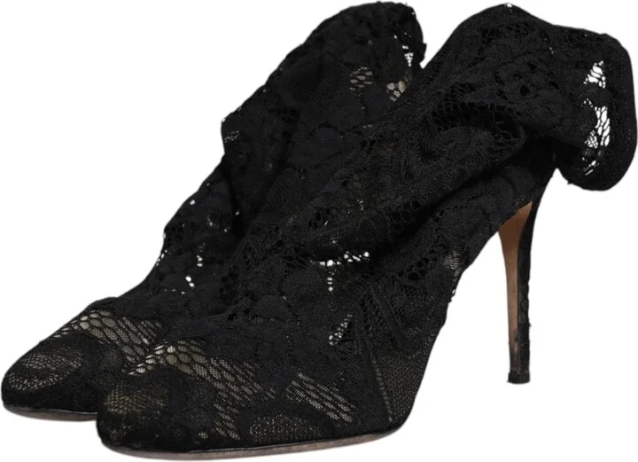 Black Lace Stretch Heels Mid Calf Boots Women's Shoes (Pre-Owned) - Image 4
