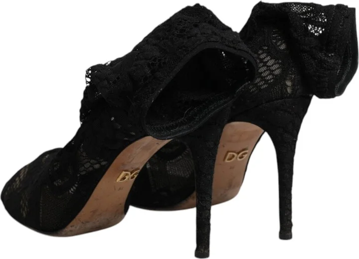 Black Lace Stretch Heels Mid Calf Boots Women's Shoes (Pre-Owned) - Image 5