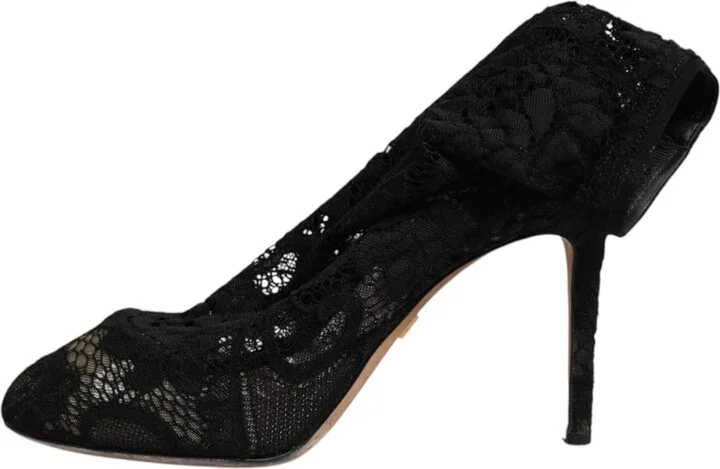Black Lace Stretch Heels Mid Calf Boots Women's Shoes (Pre-Owned) - Image 6