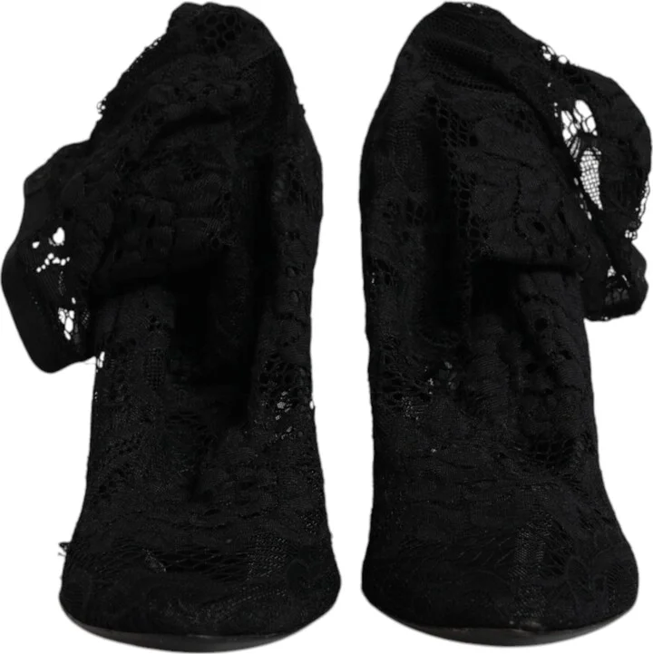 Black Lace Stretch Heels Mid Calf Boots Women's Shoes (Pre-Owned) - Image 2
