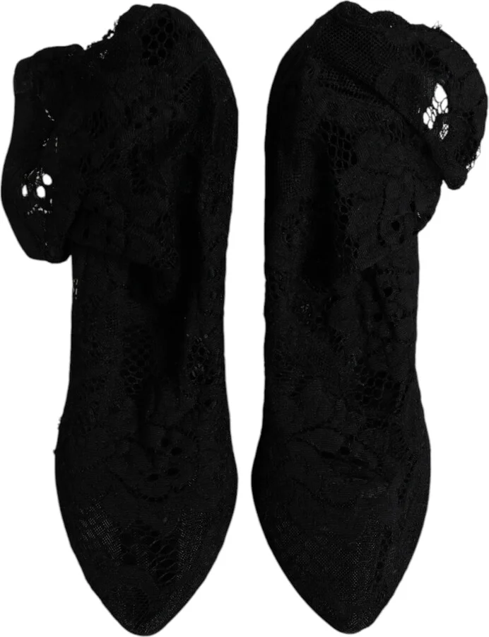 Black Lace Stretch Heels Mid Calf Boots Women's Shoes (Pre-Owned) - Image 3