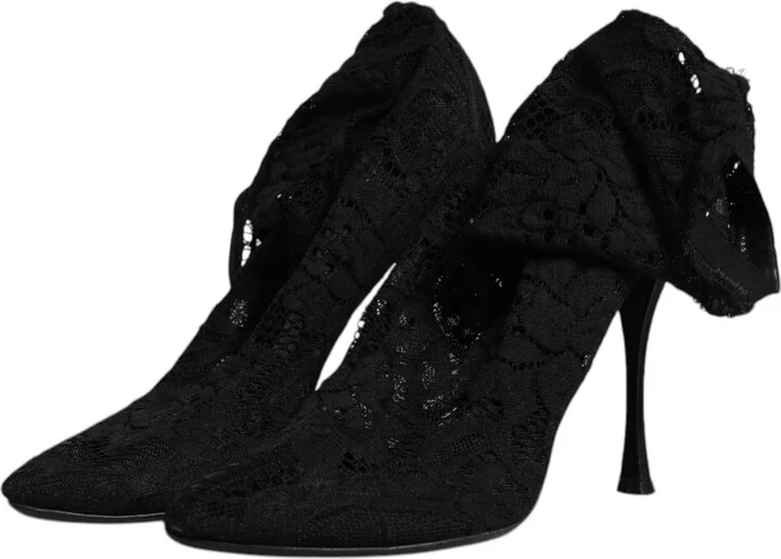 Black Lace Stretch Heels Mid Calf Boots Women's Shoes (Pre-Owned) - Image 4