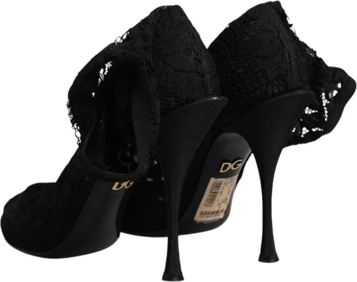 Black Lace Stretch Heels Mid Calf Boots Women's Shoes (Pre-Owned) - Image 5