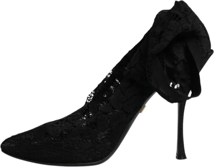 Black Lace Stretch Heels Mid Calf Boots Women's Shoes (Pre-Owned) - Image 6