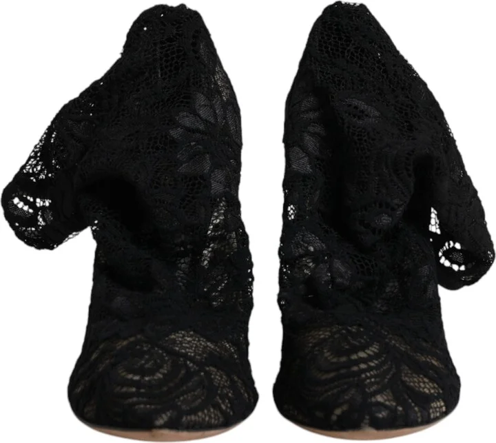 Black Lace Stretch Heels Mid Calf Boots Women's Shoes (Pre-Owned) - Image 2