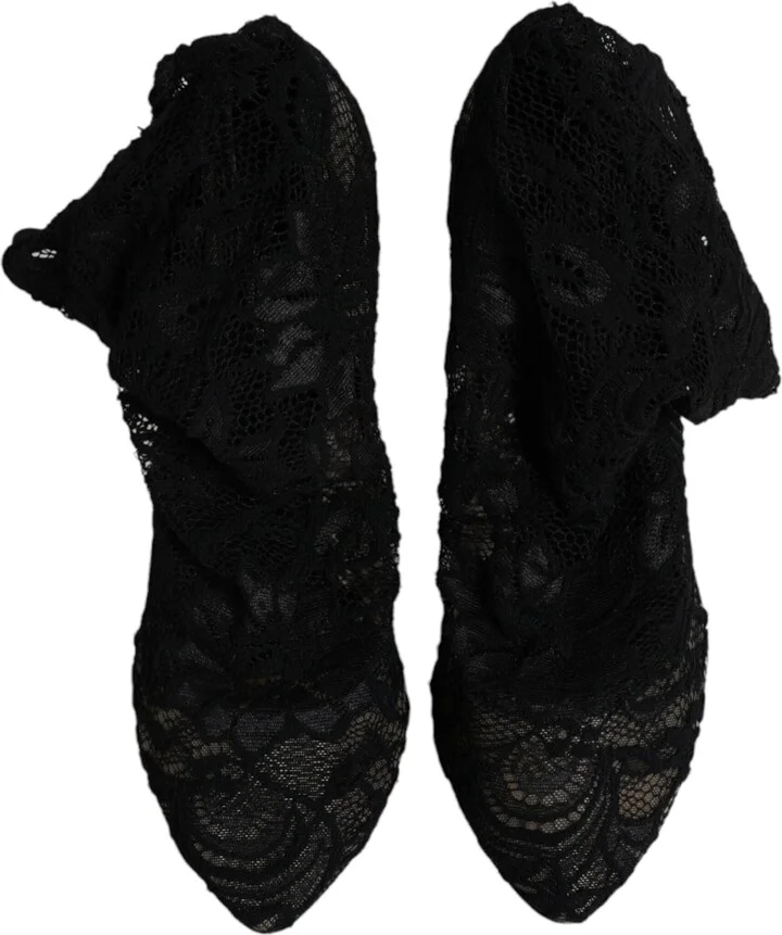 Black Lace Stretch Heels Mid Calf Boots Women's Shoes (Pre-Owned) - Image 3