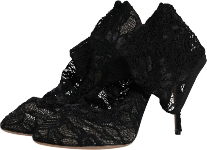 Black Lace Stretch Heels Mid Calf Boots Women's Shoes (Pre-Owned) - Image 4