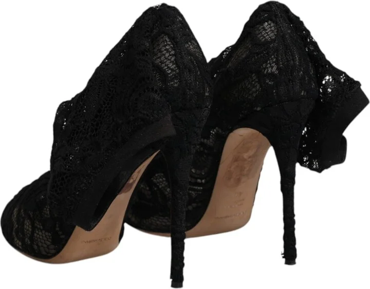 Black Lace Stretch Heels Mid Calf Boots Women's Shoes (Pre-Owned) - Image 5