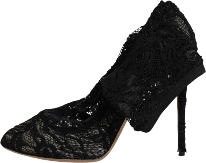 Black Lace Stretch Heels Mid Calf Boots Women's Shoes (Pre-Owned) - Image 6