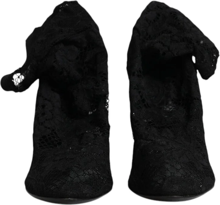 Black Lace Stretch Heels Mid Calf Boots Women's Shoes (Pre-Owned) - Image 2