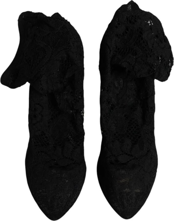 Black Lace Stretch Heels Mid Calf Boots Women's Shoes (Pre-Owned) - Image 3