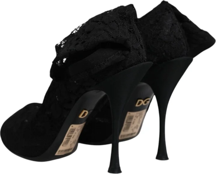 Black Lace Stretch Heels Mid Calf Boots Women's Shoes (Pre-Owned) - Image 5
