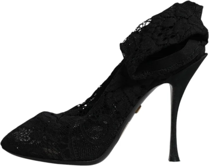 Black Lace Stretch Heels Mid Calf Boots Women's Shoes (Pre-Owned) - Image 6