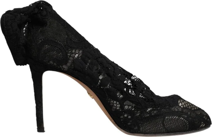 Black Lace Stretch Heels Mid Calf Boots Women's Shoes (Pre-Owned)