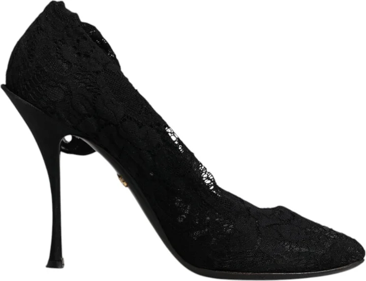 Black Lace Stretch Heels Mid Calf Boots Women's Shoes (Pre-Owned)