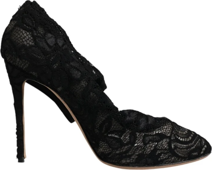 Black Lace Stretch Heels Mid Calf Boots Women's Shoes (Pre-Owned)